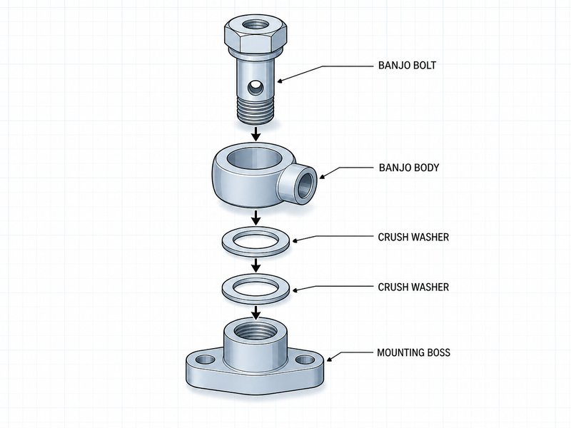 exploded diagram of a banjo fitting showing hollow banjo bolt, banjo body, and two crush washers