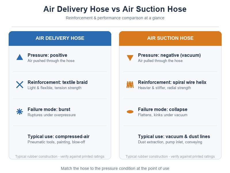 Infographic comparing air delivery hose and air suction hose on pressure direction, reinforcement type, failure mode, and typical use