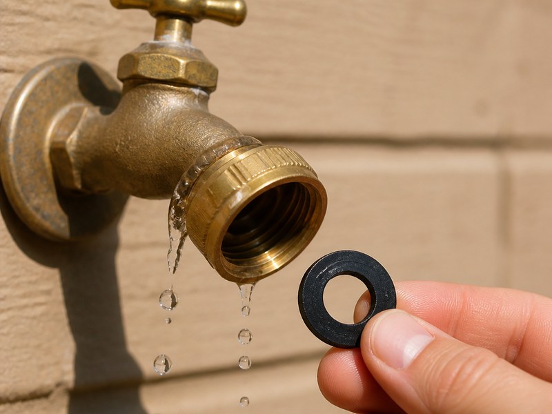 fixing a leaking garden hose connection by replacing the rubber washer in the female coupling
