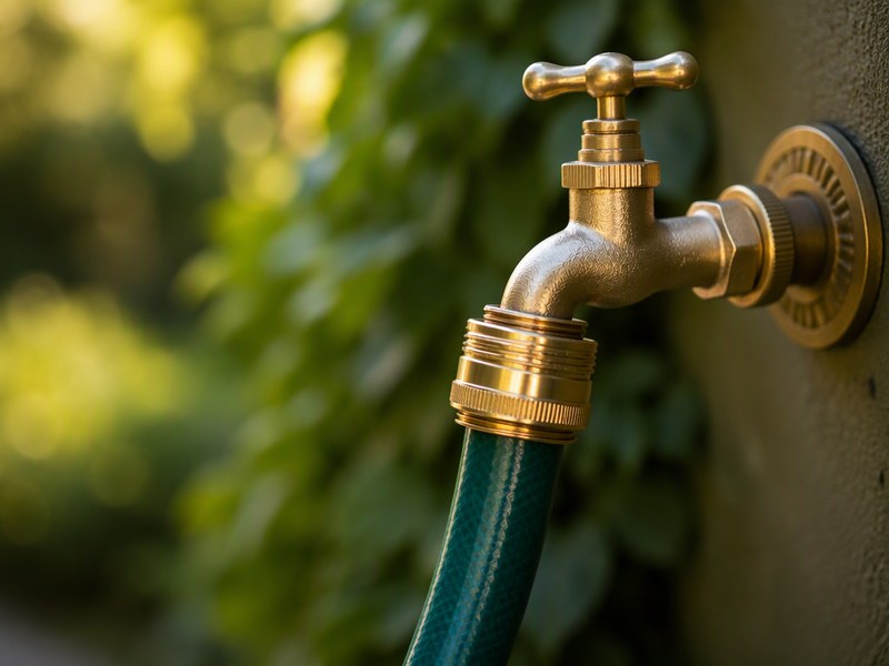 brass 3/4 inch GHT garden hose fitting connected to an outdoor faucet