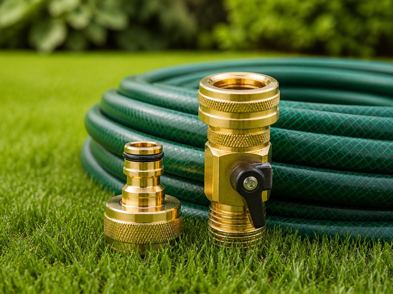 garden hose connector types including brass quick connect plug and socket with shut-off valve