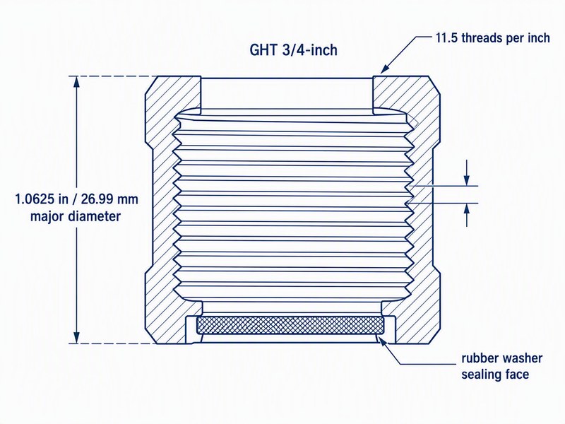 diagram of 3/4 inch GHT garden hose thread dimensions with 11.5 threads per inch and 1.0625 inch major diameter