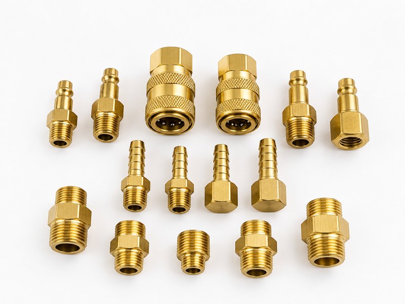 HENGHUA brass air hose fittings kit with plugs, sockets, barb fittings and NPT adapters arranged on a white surface