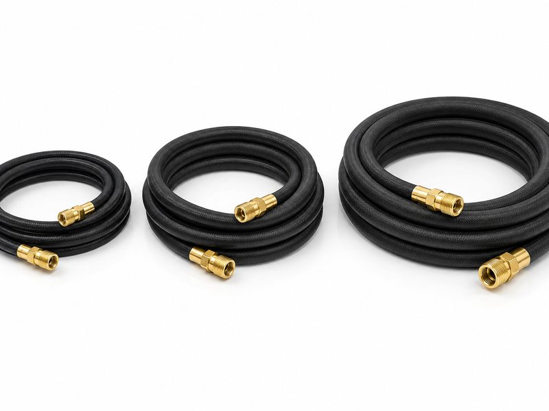 HENGHUA reinforced air hoses in 1/4, 3/8 and 1/2 inch sizes with factory-crimped brass fittings