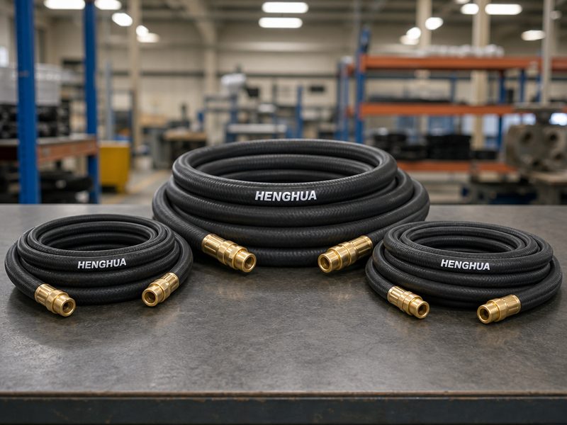 HENGHUA reinforced air hoses in 1/4, 3/8 and 1/2 inch sizes with factory-crimped brass fittings