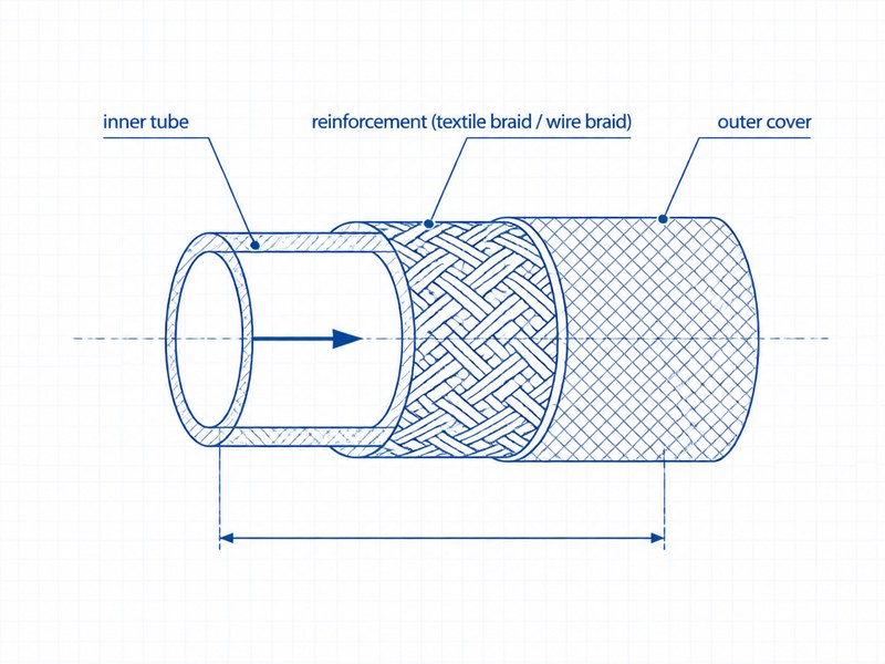 diagram of flexible hose construction showing inner tube, textile or wire reinforcement, and outer cover layers