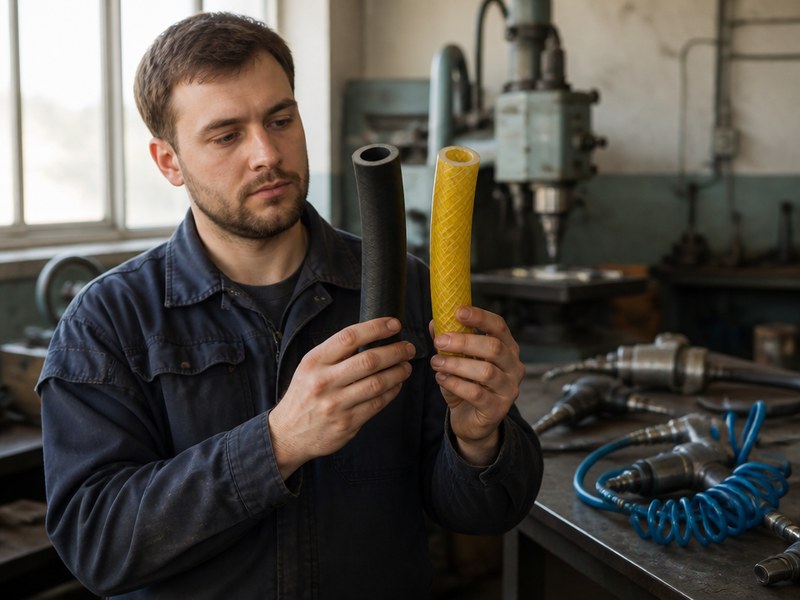 industrial worker selecting the right hose material for compressed air and oil transfer in a factory