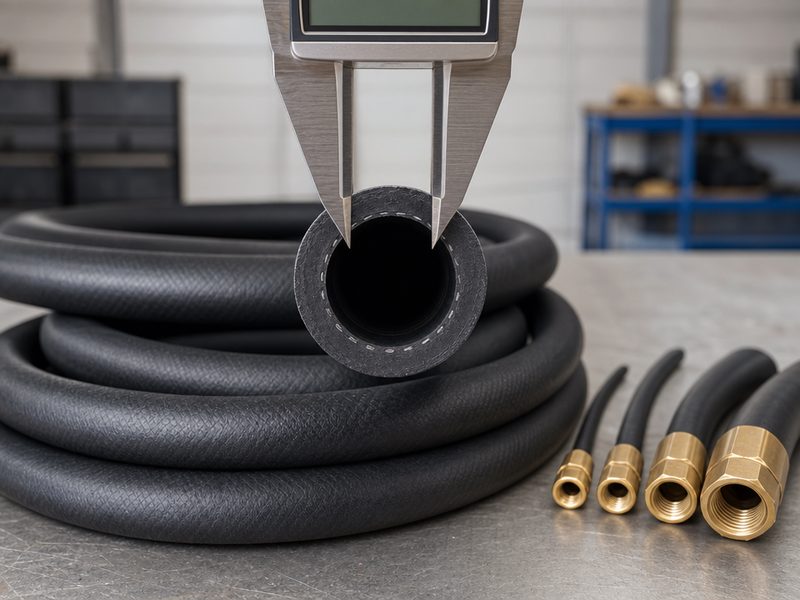 digital caliper measuring an air hose bore next to coiled 1/4, 3/8 and 1/2 inch air hoses on a workbench