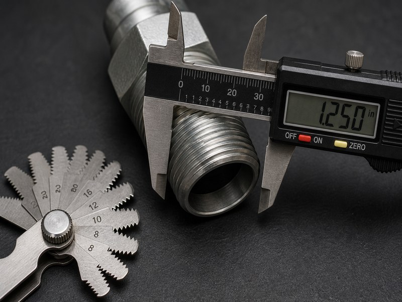 Close-up of digital calipers measuring hydraulic fitting thread outside diameter next to a thread pitch gauge