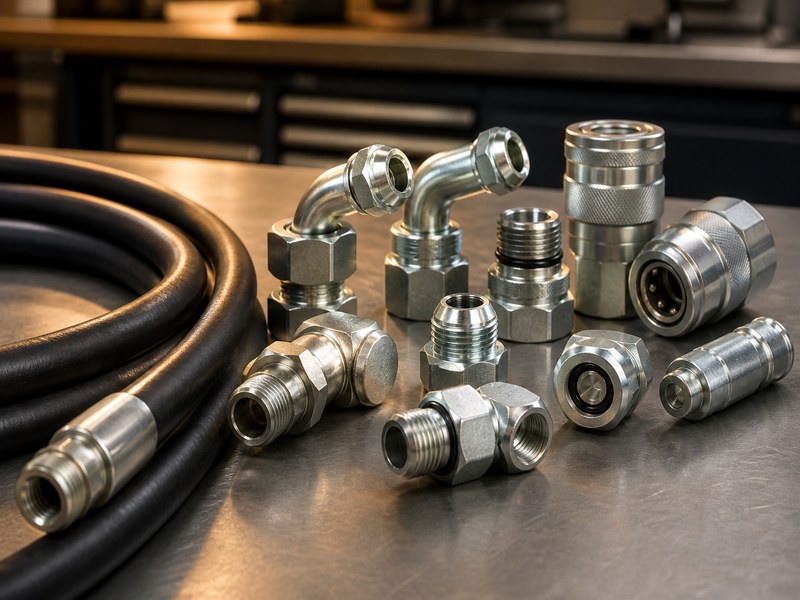 Collection of steel hydraulic fittings including JIC flare, ORFS and quick connect couplings arranged with a hydraulic hose on a workbench