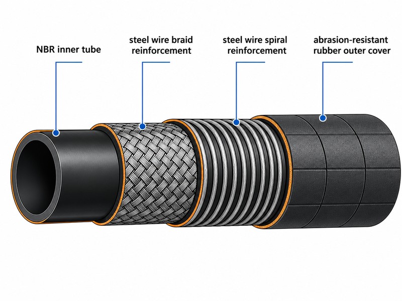Cross-section diagram of a hydraulic hose showing the NBR inner tube, steel wire braid reinforcement, steel wire spiral reinforcement, and abrasion-resistant rubber outer cover