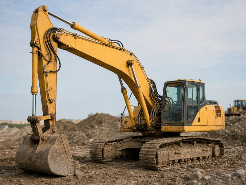 Steel-wire-reinforced hydraulic hoses running from an excavator boom to the hydraulic valve bank on a construction site