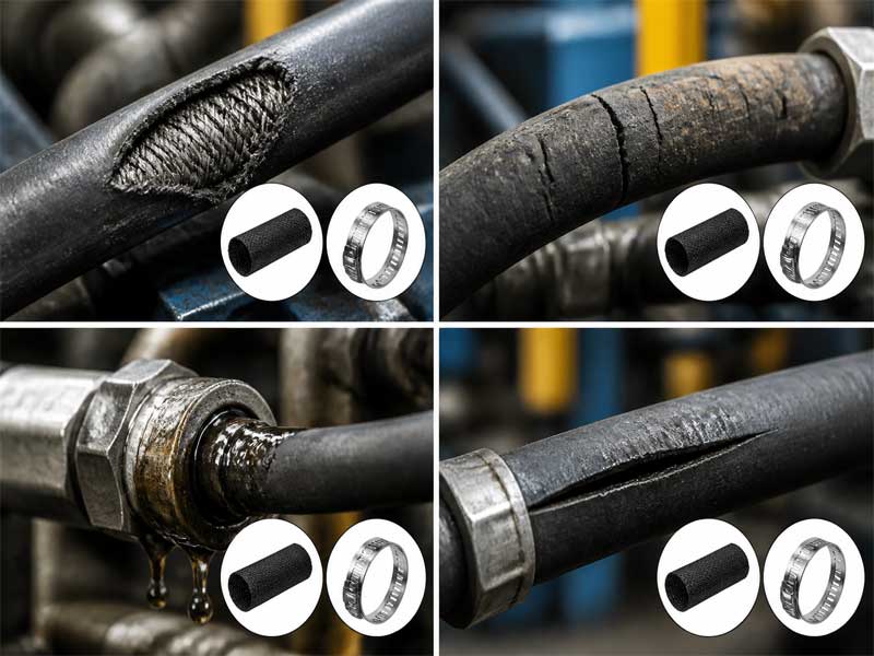 Hydraulic hose failure causes including abrasion, overheating, fitting damage and preventive maintenance