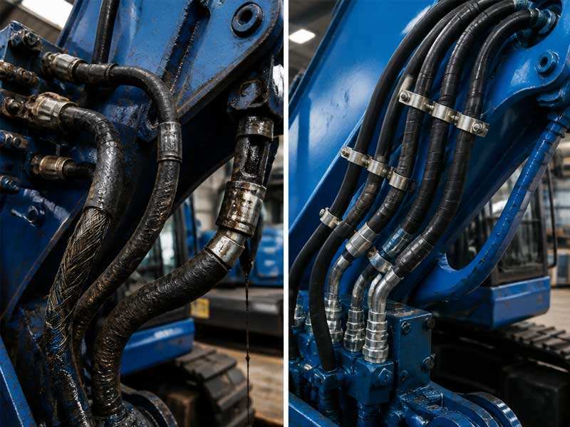 hydraulic hose routing comparison correct vs incorrect