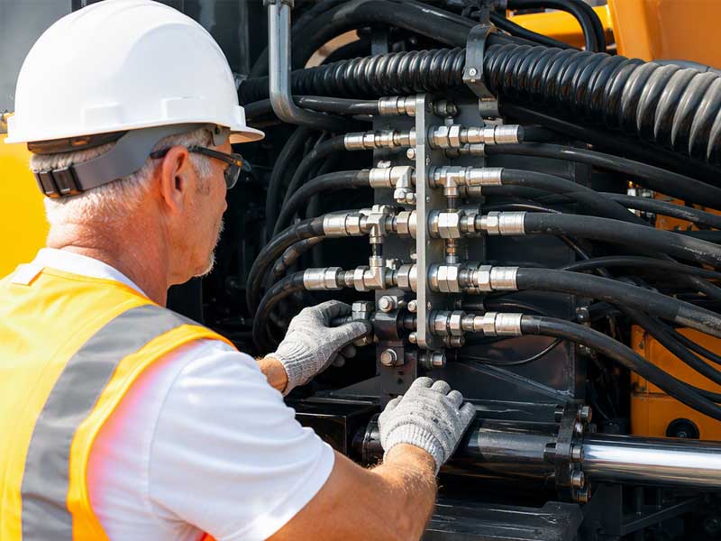 hydraulic system inspection by technician heavy machinery