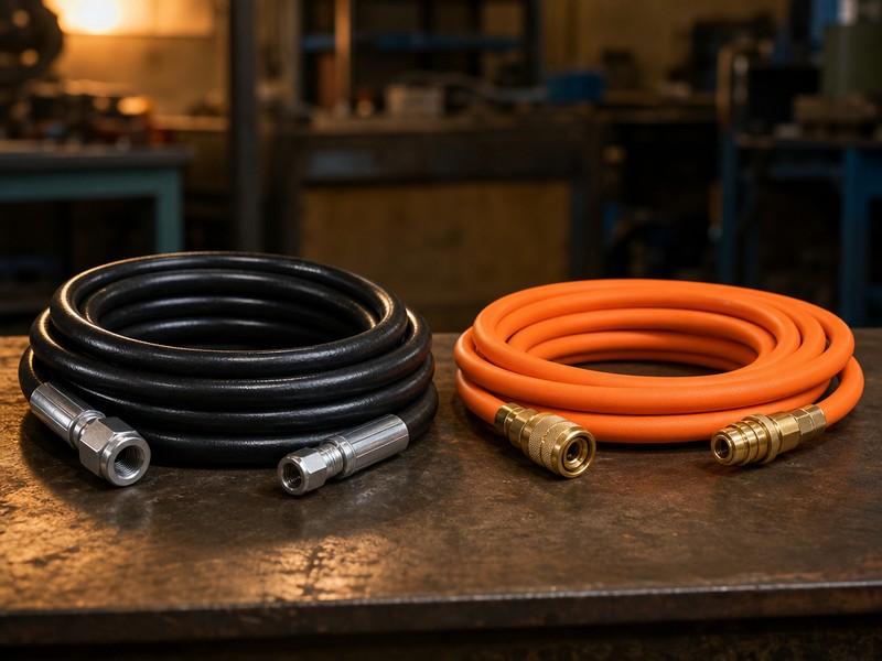 Black steel-wire-reinforced hydraulic hose with crimped fittings coiled beside a lightweight orange air hose with brass quick-connect couplings in a workshop