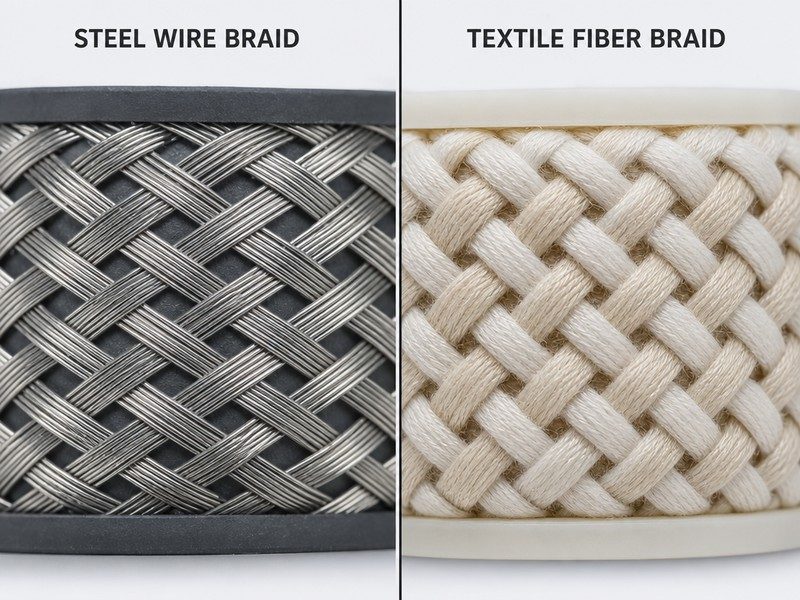 Side-by-side comparison of steel wire braid reinforcement from a hydraulic hose and textile fiber braid reinforcement from an air hose