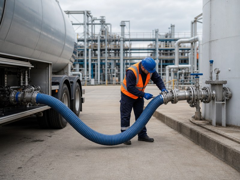chemical transfer hose connected between a tanker truck and a storage tank in a chemical plant