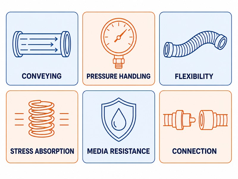 Infographic of six main hose functions: conveying, pressure handling, flexibility, stress absorption, media resistance, and connection