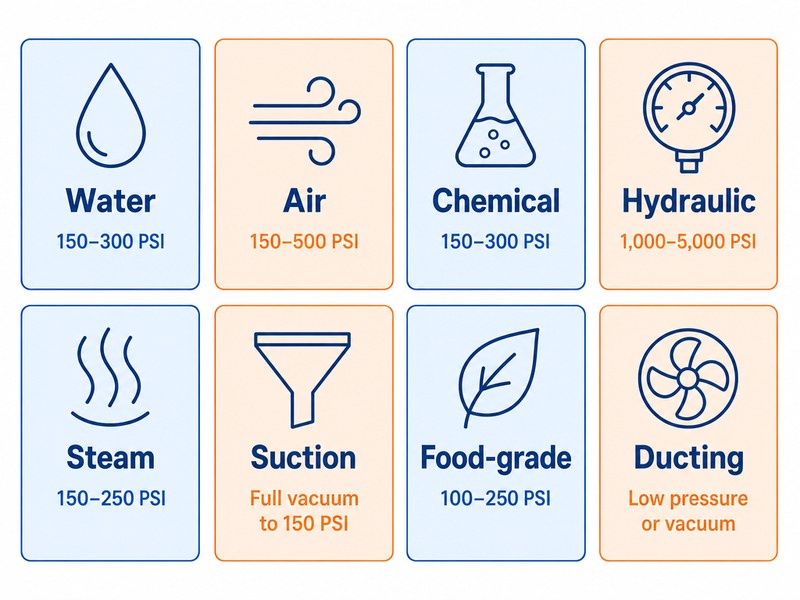 Comparison chart of water, air, chemical, hydraulic, steam, suction, food-grade and ducting hoses with their typical working pressures