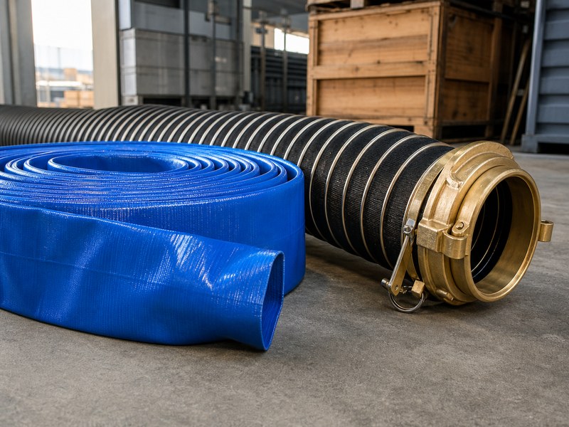 industrial water hoses including a blue PVC layflat hose and a wire-reinforced suction hose with couplings