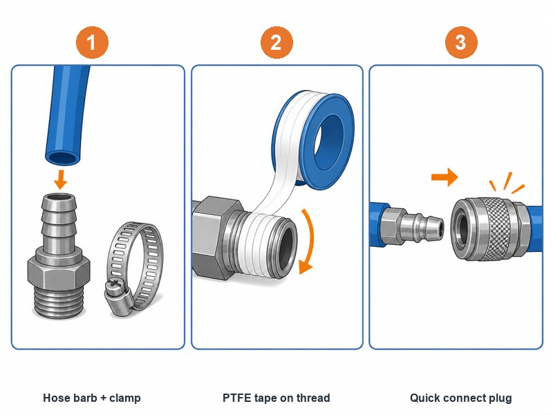 Step by step illustration of installing a hose barb with clamp, wrapping PTFE tape on an NPT thread, and connecting a quick connect plug