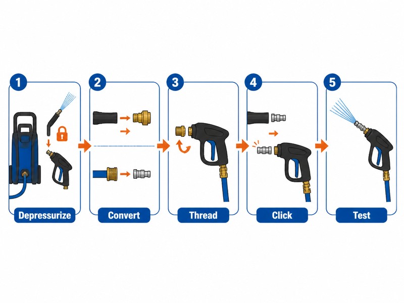 Step by step illustration of installing a quick connect adapter on a pressure washer gun and hose
