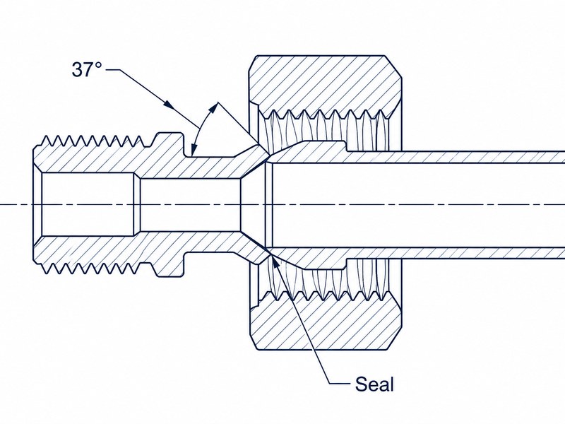 Cutaway diagram of a JIC connection showing the 37 degree flare pressed against the male cone seat