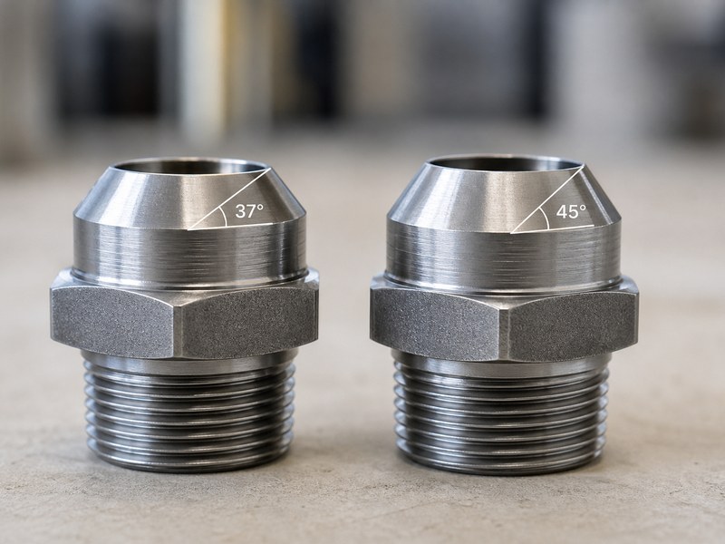 Close-up comparison of a 37 degree JIC flare cone and a 45 degree SAE flare cone on two male fittings