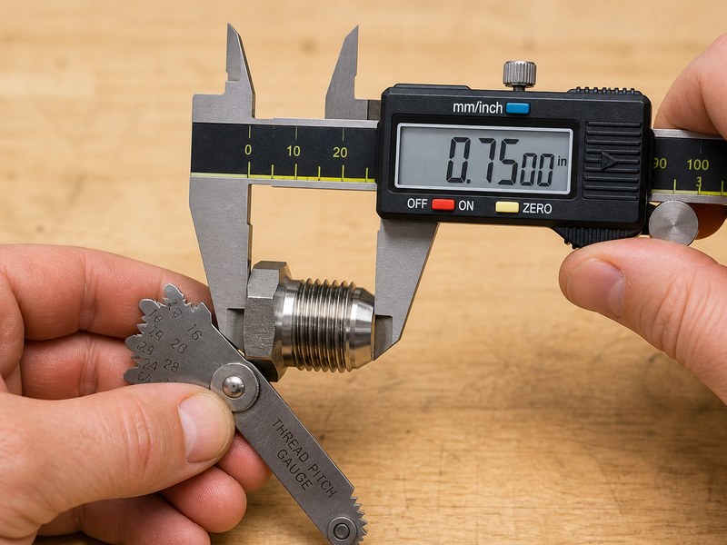 Using a digital caliper and thread pitch gauge to measure the thread size of a JIC male fitting