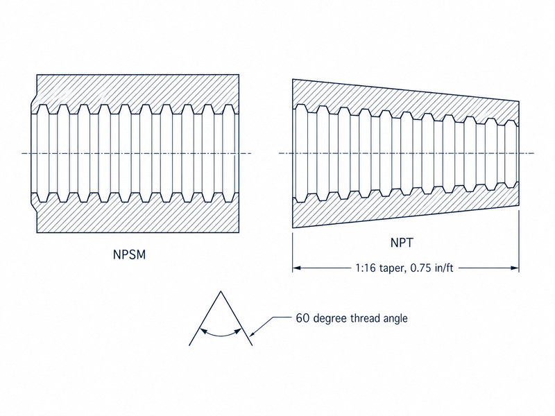 Technical diagram comparing a straight NPSM profile with a tapered NPT profile at 1:16