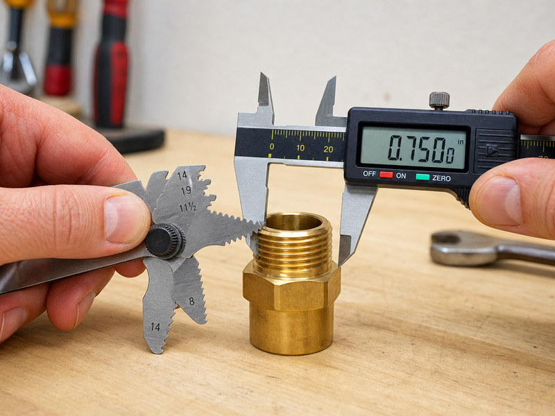 Using a thread pitch gauge and digital caliper to measure TPI and outside diameter of a pipe thread