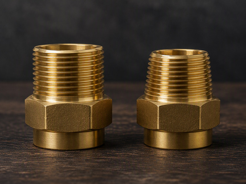 Brass NPSM straight thread fitting next to a brass NPT tapered thread fitting on a workbench