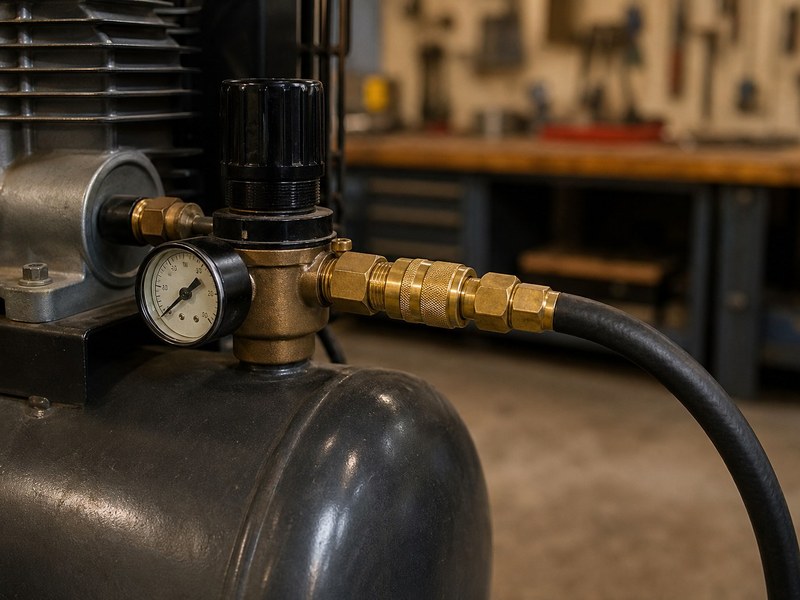 Air compressor quick coupler and regulator fittings with NPT and BSP threads in a workshop air system
