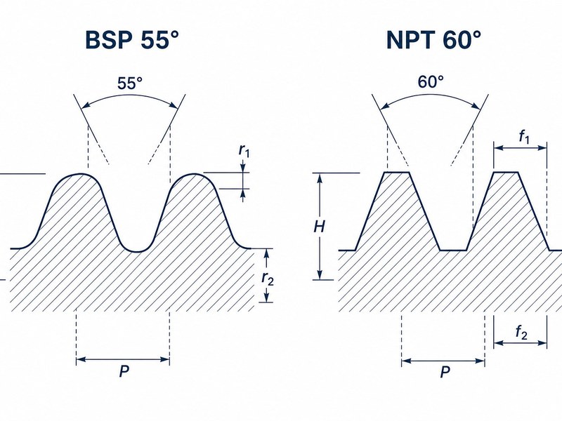 Technical diagram comparing 55 degree BSP and 60 degree NPT thread profiles with rounded and flat crests