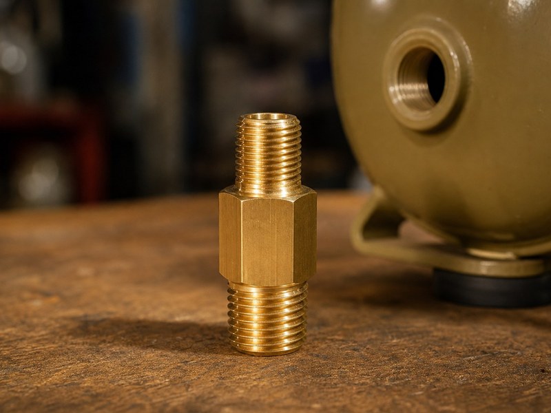 Brass hex nipple adapter converting an NPT port to a BSP connection