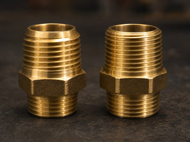 Brass NPT tapered thread fitting next to a brass BSP parallel thread fitting on a workbench