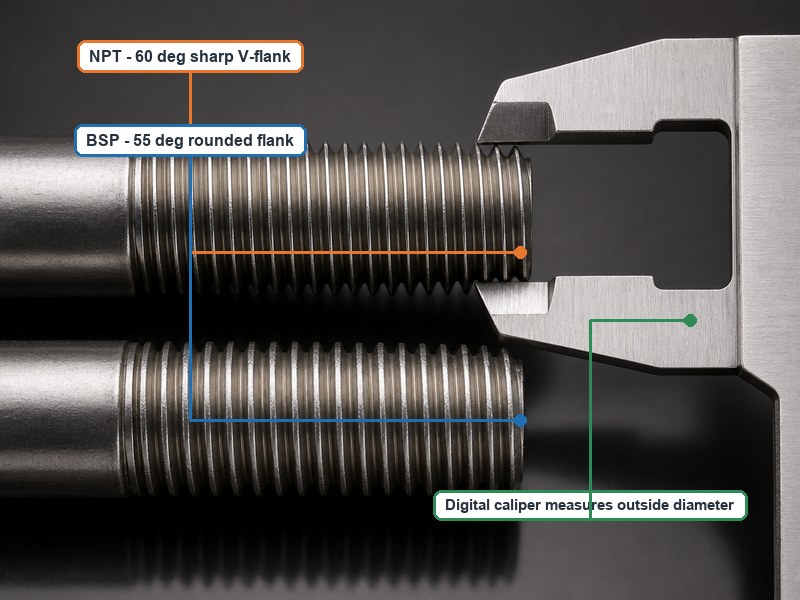 Close-up comparison of NPT and BSP male threads with caliper measurement of outside diameter