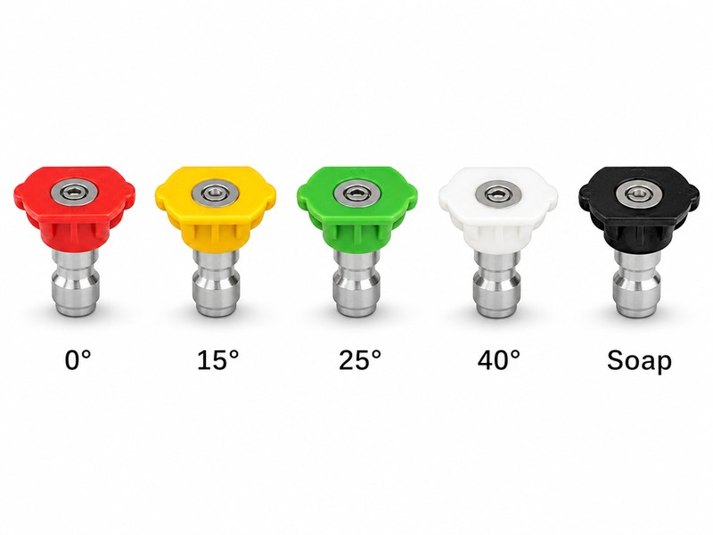 Pressure washer nozzle color code chart with red 0 degree, yellow 15 degree, green 25 degree, white 40 degree and black soap nozzles