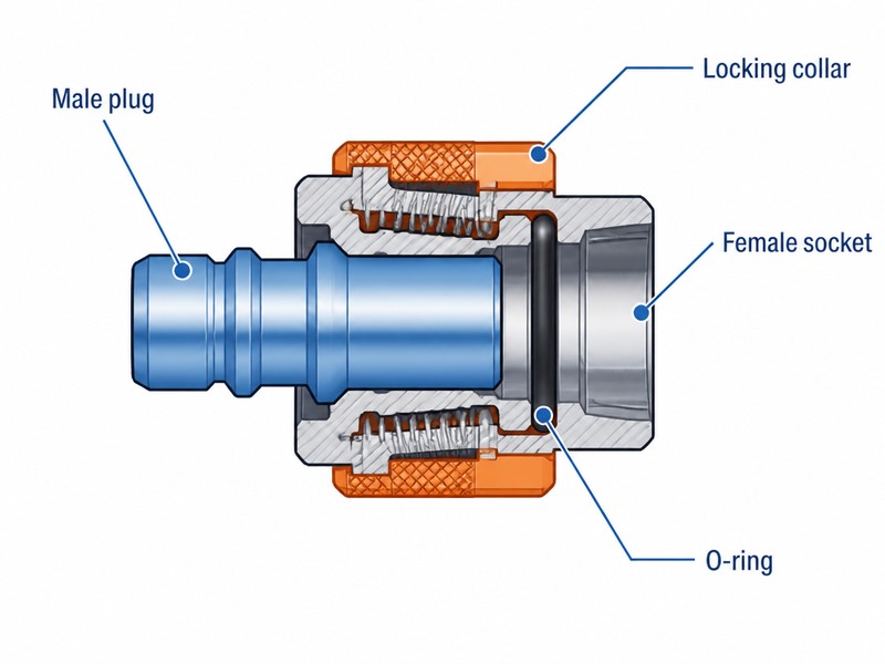 Cutaway diagram of a quick connect coupling showing the male plug, female socket, locking collar and O-ring