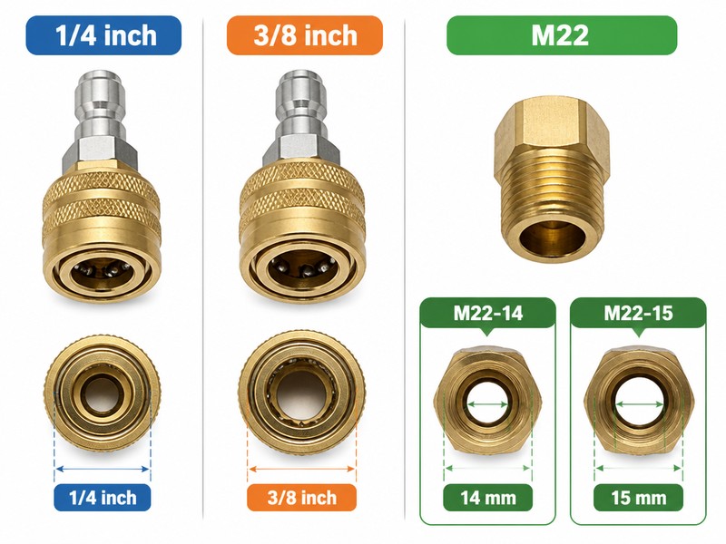 Comparison diagram of 1/4 inch, 3/8 inch and M22-14 versus M22-15 pressure washer fittings with bore measurements