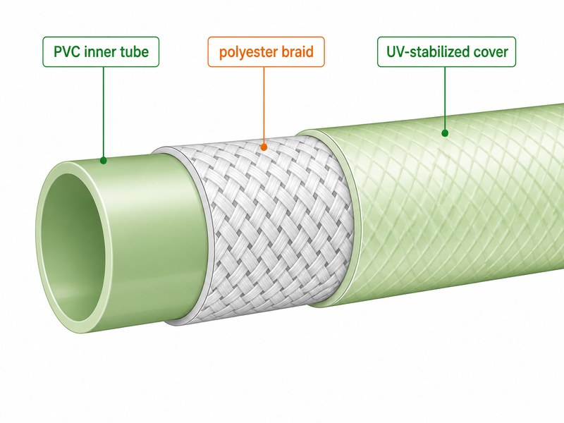 Cross-section diagram of a PVC air hose showing the PVC inner tube, polyester braid reinforcement layer, and UV-stabilized PVC outer cover