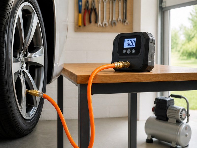 lightweight PVC air hose connected to a tire inflator in a home garage