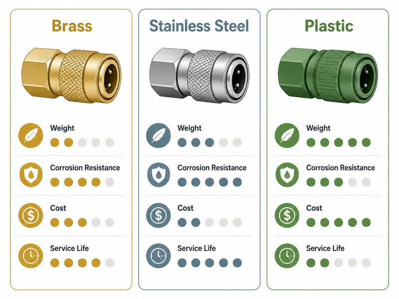 Infographic comparing brass, stainless steel and plastic quick connect fittings on weight, corrosion resistance, cost and service life