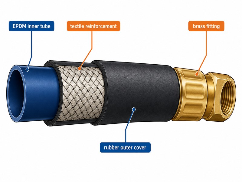 Cross-section diagram of a rubber air hose showing the EPDM inner tube, braided textile reinforcement layer, abrasion-resistant rubber outer cover, and crimped brass end fitting