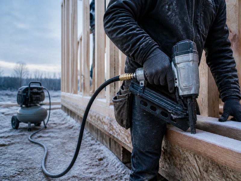 rubber air hose supplying a framing nailer on a cold construction job site