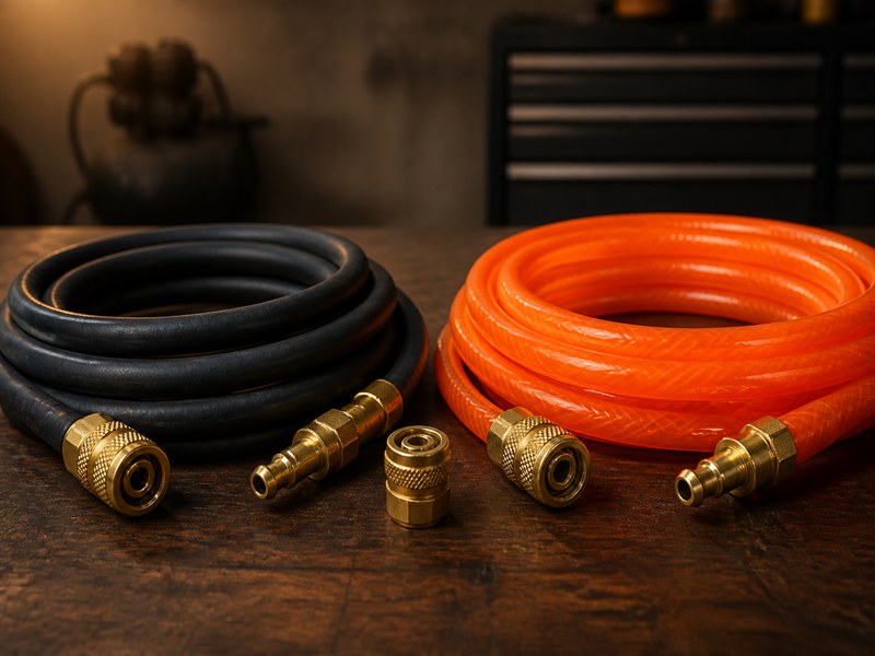 rubber and PVC air hoses coiled side by side with brass quick-connect fittings in a workshop