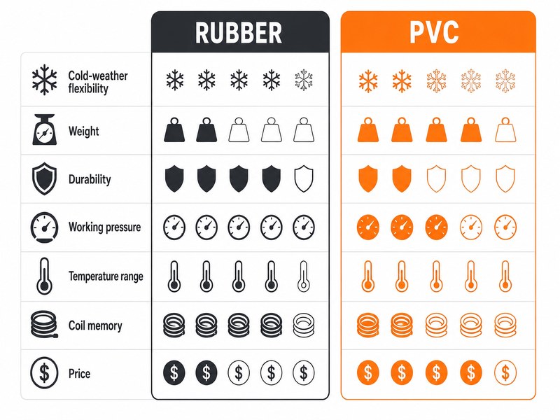 Infographic comparing rubber and PVC air hoses across seven criteria: cold-weather flexibility, weight, durability, working pressure, temperature range, coil memory, and price