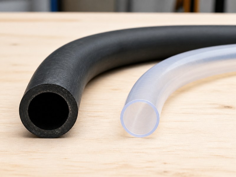 rubber water hose vs PVC water hose side by side showing wall thickness and flexibility