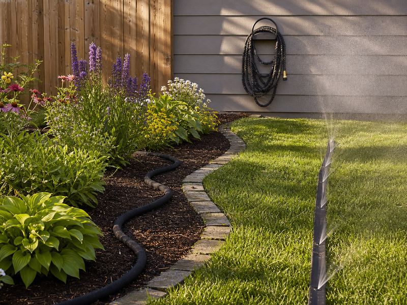 types of garden hoses including a soaker hose, a sprinkler hose and an expandable hose in a yard